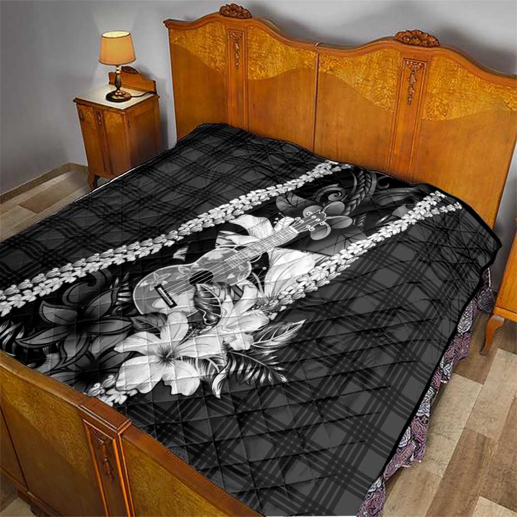 Hawaii Ukulele Quilt Tropical Flowers With Palaka Effect Black Version LT05 - Polynesian Pride