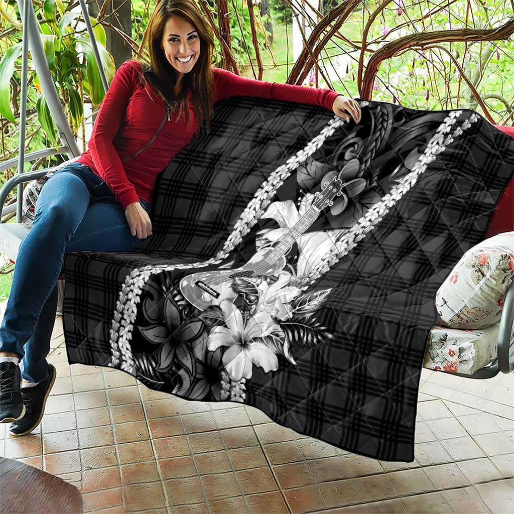 Hawaii Ukulele Quilt Tropical Flowers With Palaka Effect Black Version LT05 - Polynesian Pride