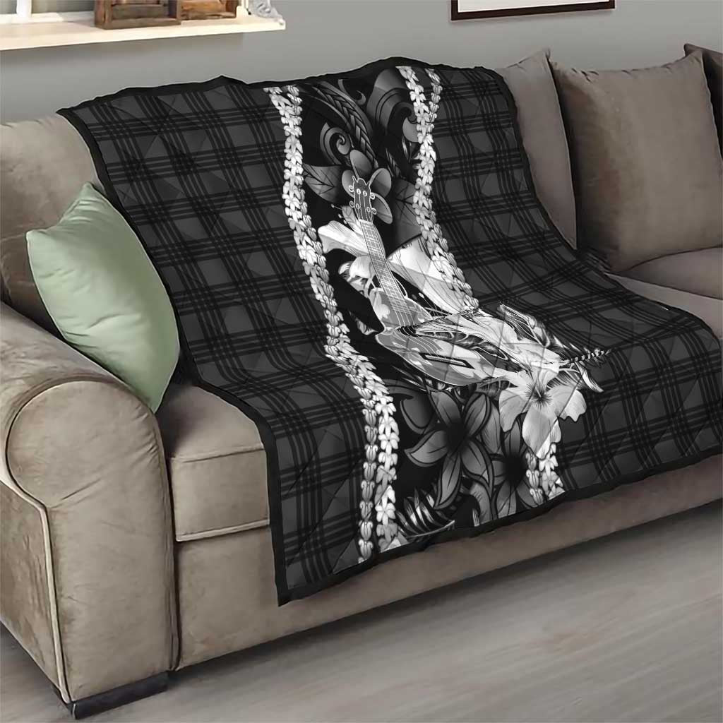 Hawaii Ukulele Quilt Tropical Flowers With Palaka Effect Black Version LT05 - Polynesian Pride