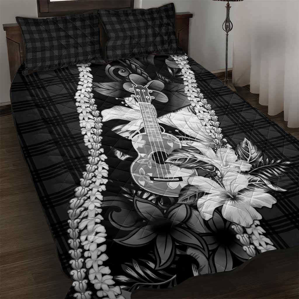 Hawaii Ukulele Quilt Bed Set Tropical Flowers With Palaka Effect Black Version LT05 Black - Polynesian Pride