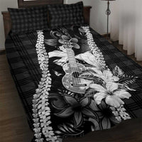 Hawaii Ukulele Quilt Bed Set Tropical Flowers With Palaka Effect Black Version LT05 Black - Polynesian Pride