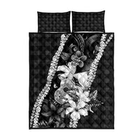 Hawaii Ukulele Quilt Bed Set Tropical Flowers With Palaka Effect Black Version LT05 - Polynesian Pride