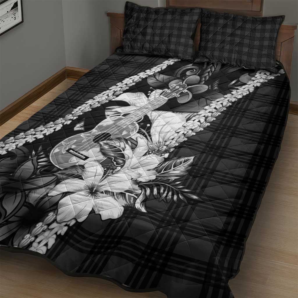 Hawaii Ukulele Quilt Bed Set Tropical Flowers With Palaka Effect Black Version LT05 - Polynesian Pride