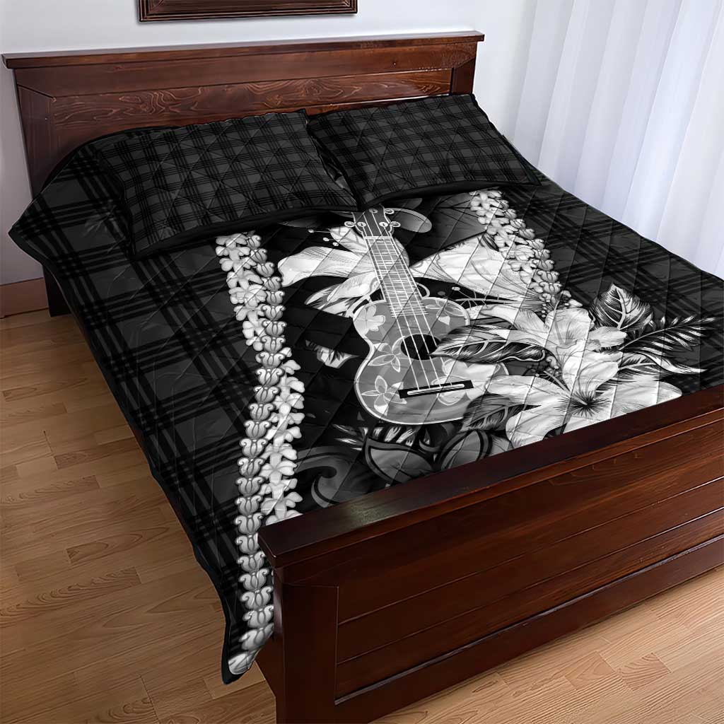 Hawaii Ukulele Quilt Bed Set Tropical Flowers With Palaka Effect Black Version LT05 - Polynesian Pride