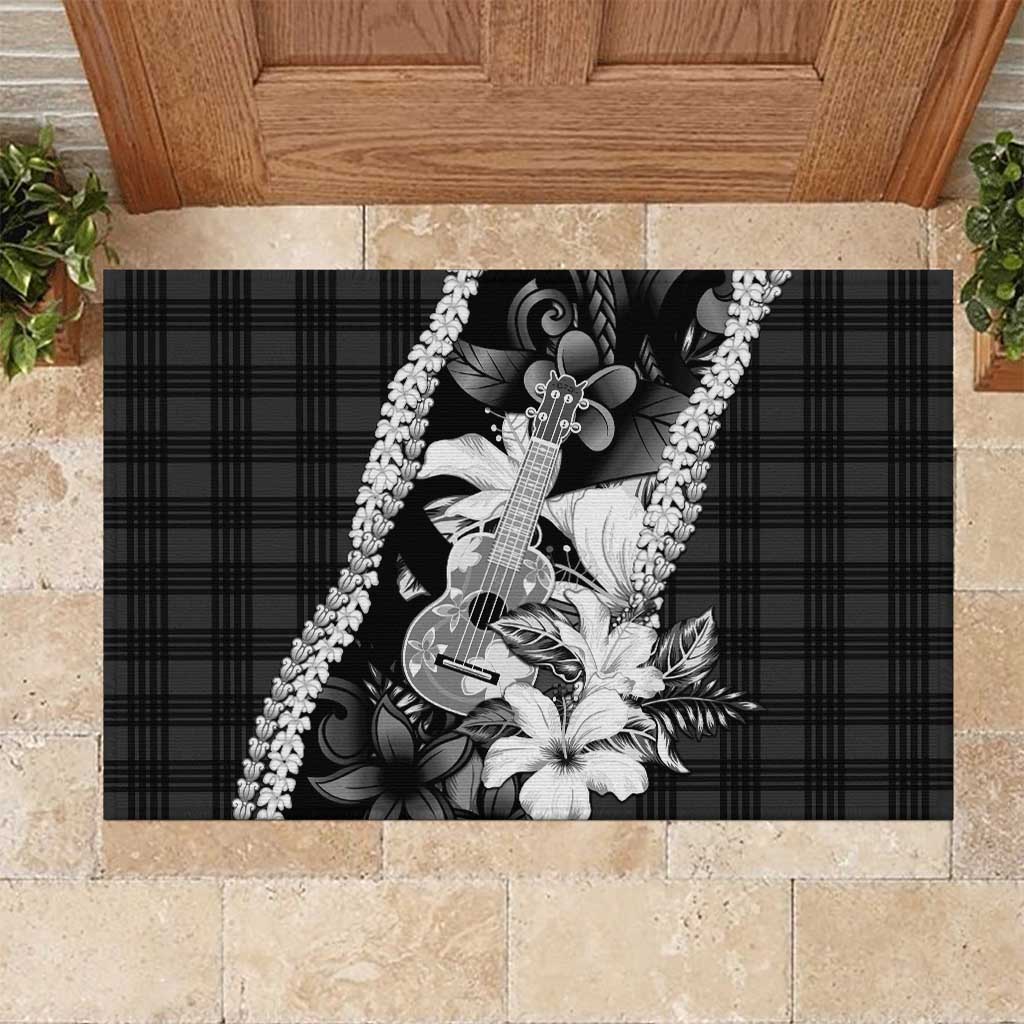 Hawaii Ukulele Rubber Doormat Tropical Flowers With Palaka Effect Black Version LT05 Black - Polynesian Pride
