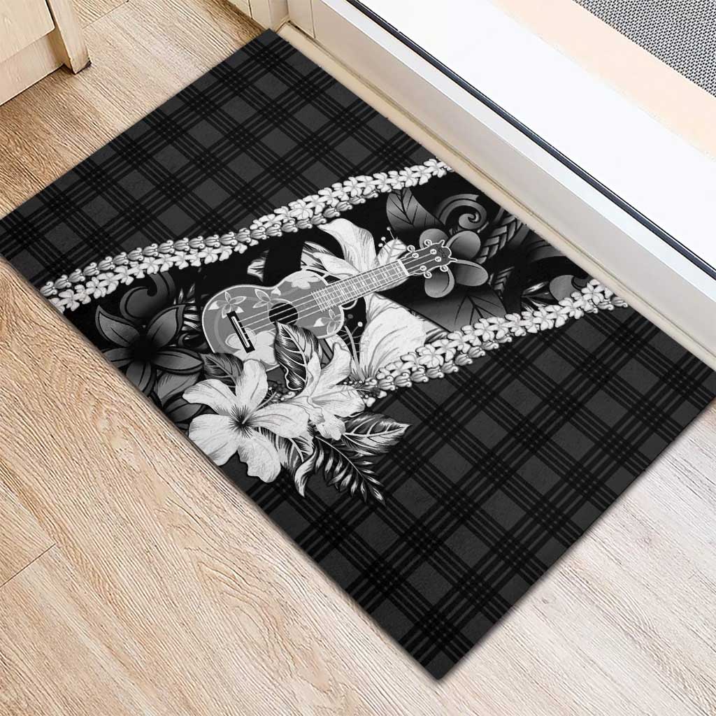 Hawaii Ukulele Rubber Doormat Tropical Flowers With Palaka Effect Black Version LT05 - Polynesian Pride