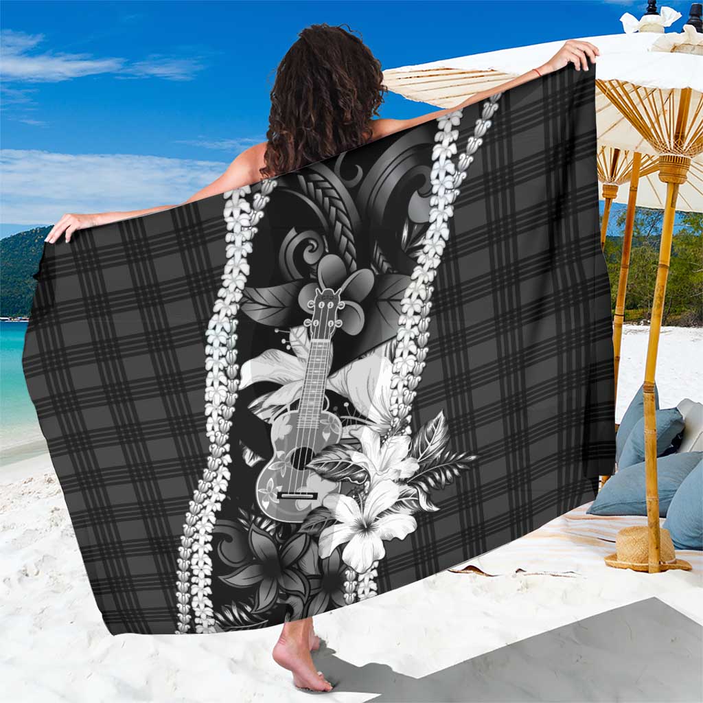 Hawaii Ukulele Sarong Tropical Flowers With Palaka Effect Black Version LT05 One Size 44 x 66 inches Black - Polynesian Pride