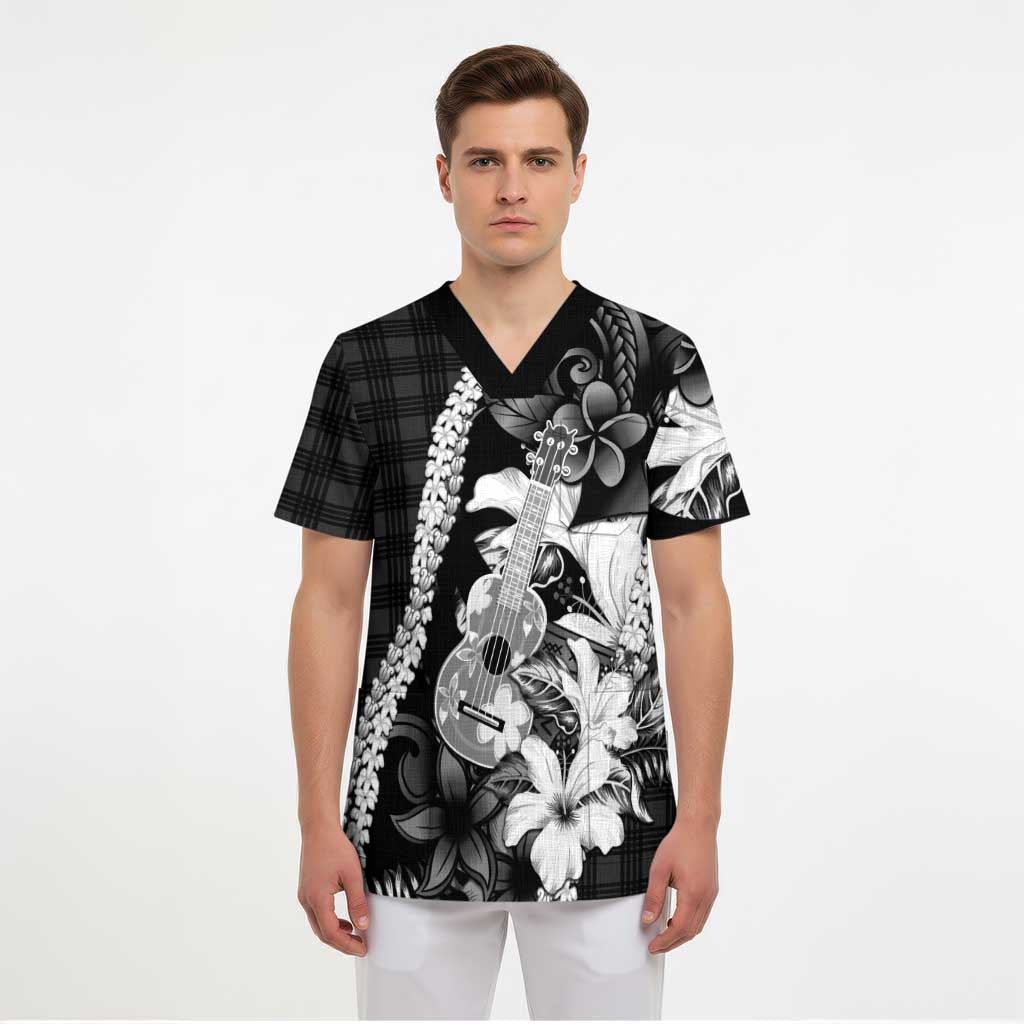 Hawaii Ukulele Scrub Top Tropical Flowers With Palaka Effect Black Version - Polynesian Pride