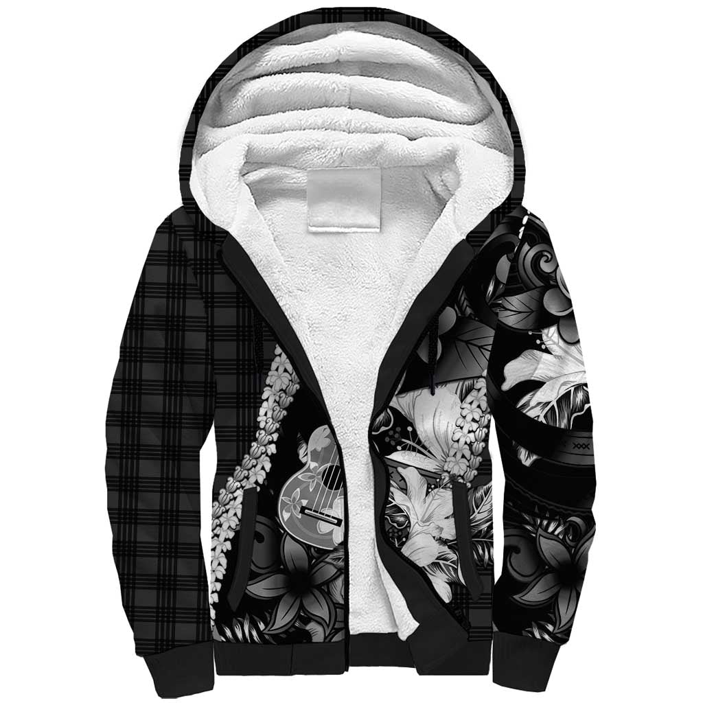 Hawaii Ukulele Sherpa Hoodie Tropical Flowers With Palaka Effect Black Version LT05 Unisex Black - Polynesian Pride
