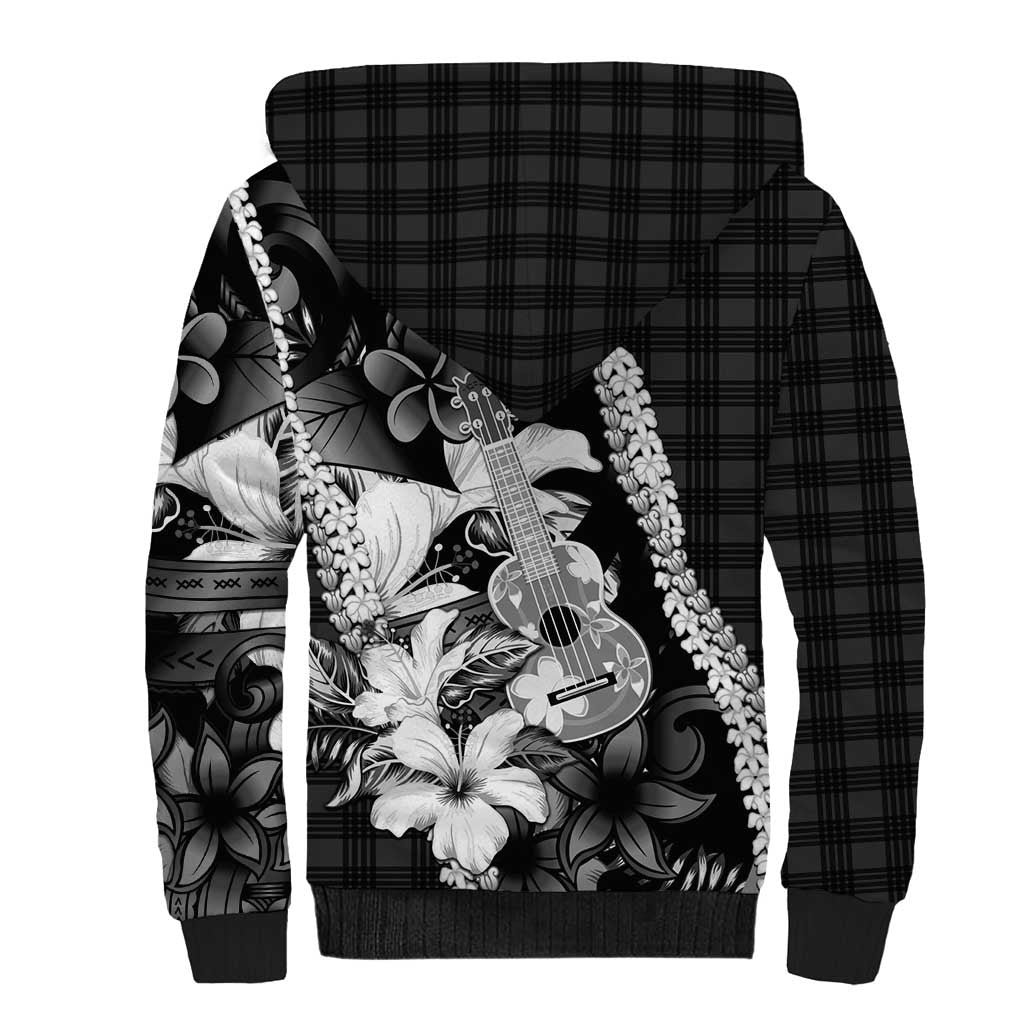 Hawaii Ukulele Sherpa Hoodie Tropical Flowers With Palaka Effect Black Version LT05 - Polynesian Pride