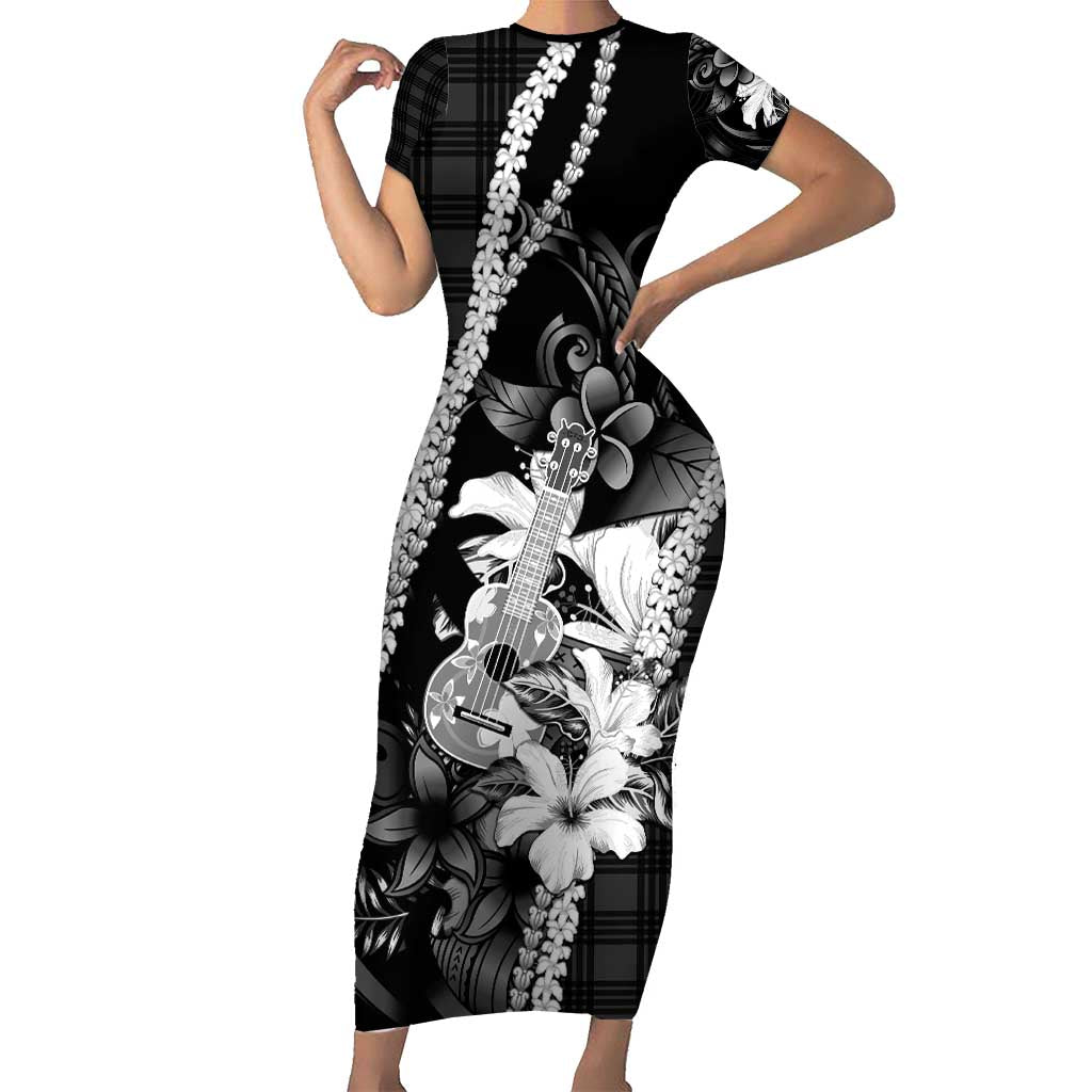 Hawaii Ukulele Short Sleeve Bodycon Dress Tropical Flowers With Palaka Effect Black Version - Polynesian Pride