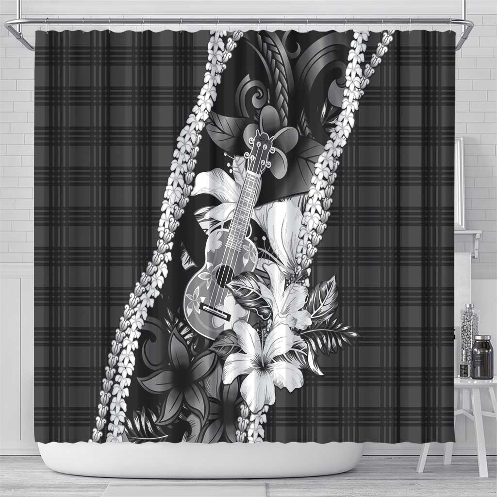 Hawaii Ukulele Shower Curtain Tropical Flowers With Palaka Effect Black Version LT05 - Polynesian Pride