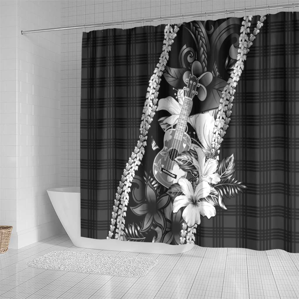 Hawaii Ukulele Shower Curtain Tropical Flowers With Palaka Effect Black Version LT05 - Polynesian Pride