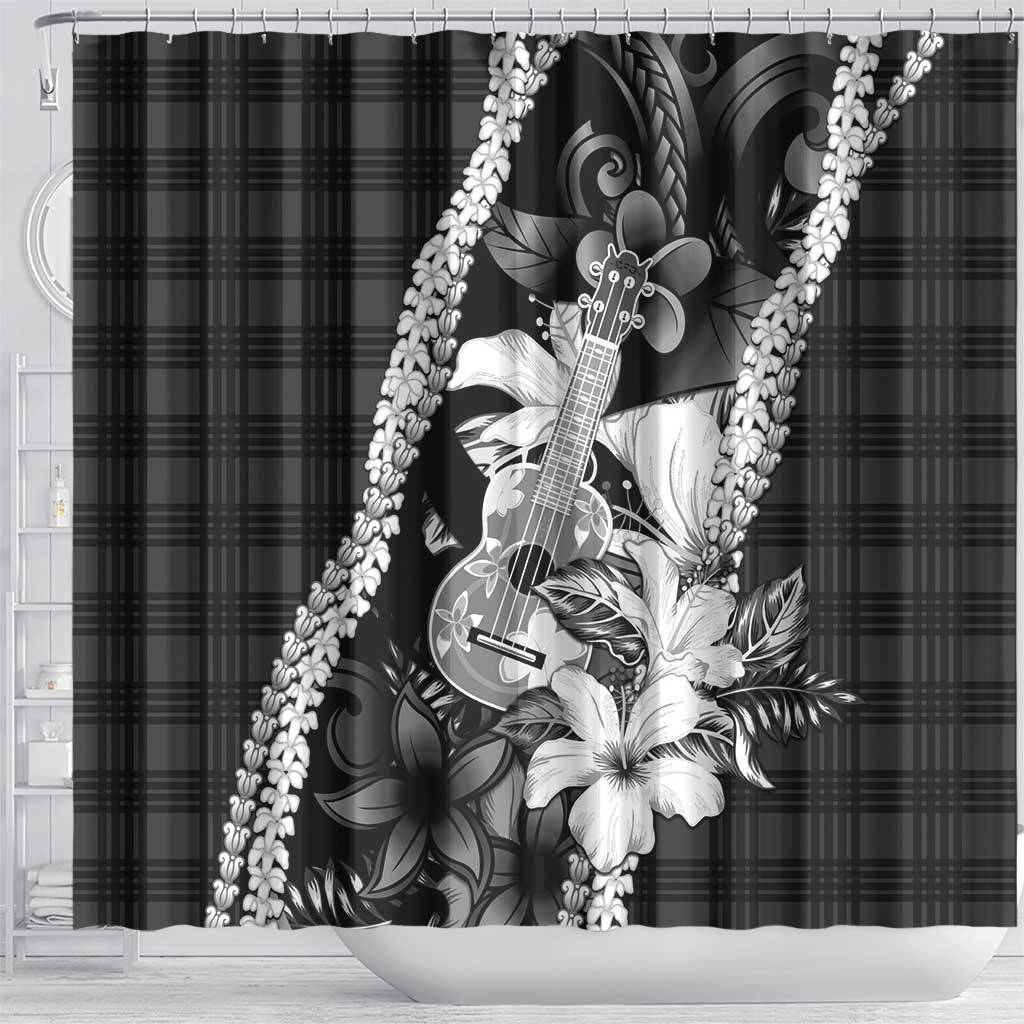 Hawaii Ukulele Shower Curtain Tropical Flowers With Palaka Effect Black Version LT05 - Polynesian Pride