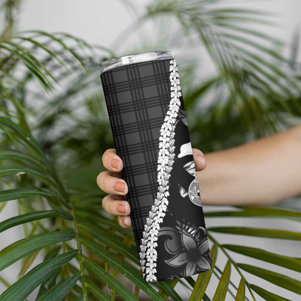 Hawaii Ukulele Skinny Tumbler Tropical Flowers With Palaka Effect Black Version - Polynesian Pride