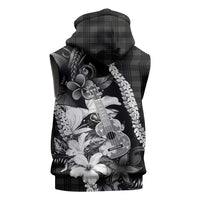 Hawaii Ukulele Sleeveless Hoodie Tropical Flowers With Palaka Effect Black Version - Polynesian Pride