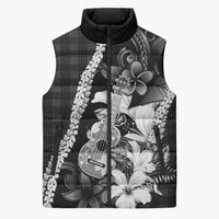 Hawaii Ukulele Sleeveless Puffer Jacket Tropical Flowers With Palaka Effect Black Version - Polynesian Pride