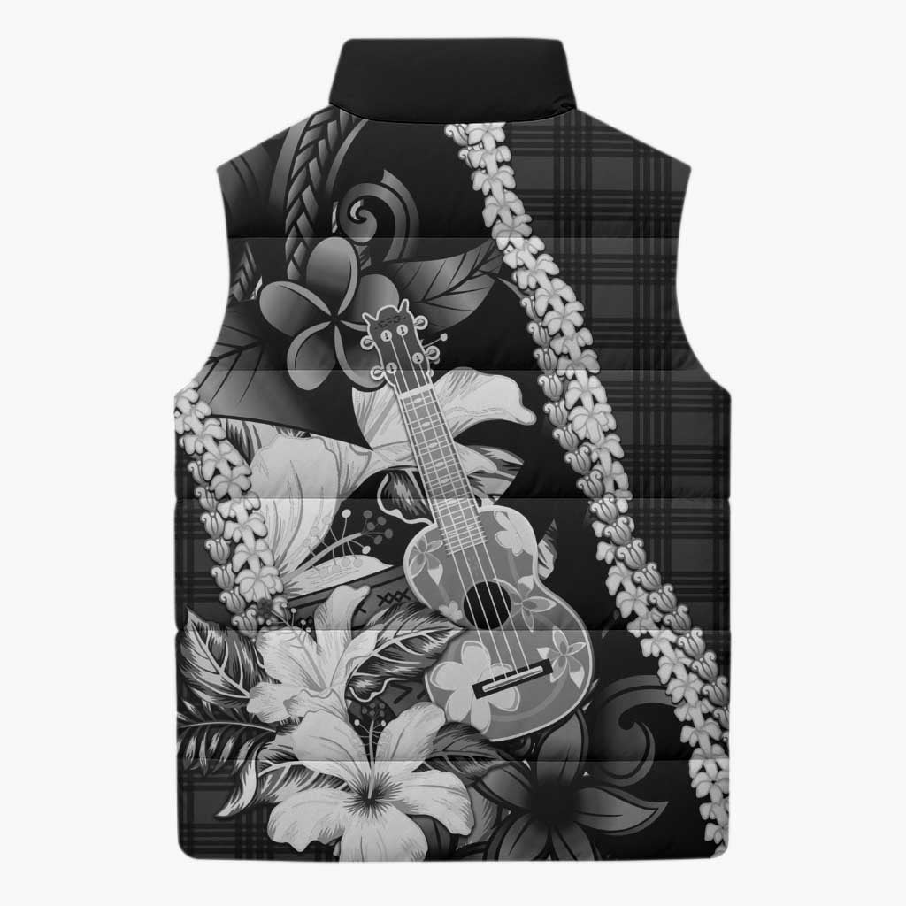 Hawaii Ukulele Sleeveless Puffer Jacket Tropical Flowers With Palaka Effect Black Version - Polynesian Pride