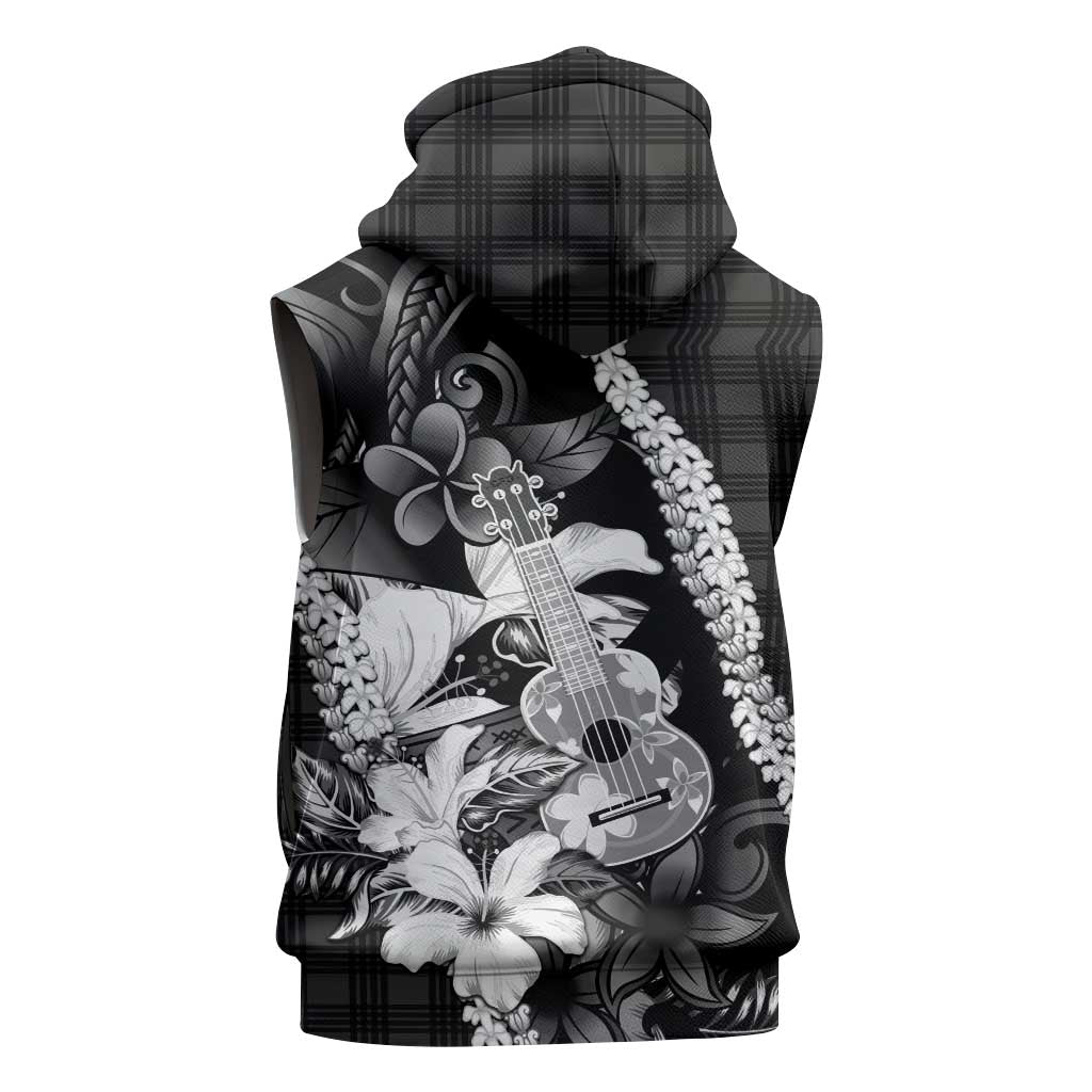 Hawaii Ukulele Sleeveless Zip Hoodie Tropical Flowers With Palaka Effect Black Version - Polynesian Pride