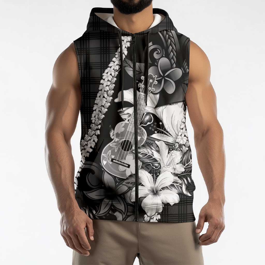 Hawaii Ukulele Sleeveless Zip Hoodie Tropical Flowers With Palaka Effect Black Version - Polynesian Pride