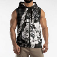 Hawaii Ukulele Sleeveless Zip Hoodie Tropical Flowers With Palaka Effect Black Version - Polynesian Pride