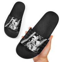 Hawaii Ukulele Slide Sandals Tropical Flowers With Palaka Effect Black Version - Polynesian Pride