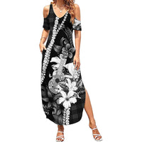 Hawaii Ukulele Summer Maxi Dress Tropical Flowers With Palaka Effect Black Version LT05 Women Black - Polynesian Pride