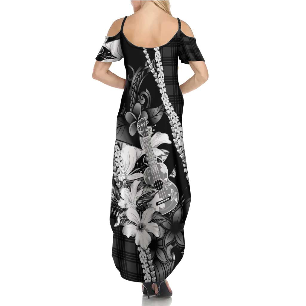 Hawaii Ukulele Summer Maxi Dress Tropical Flowers With Palaka Effect Black Version LT05 - Polynesian Pride
