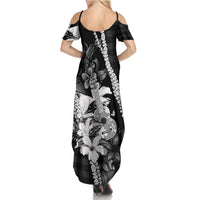 Hawaii Ukulele Summer Maxi Dress Tropical Flowers With Palaka Effect Black Version LT05 - Polynesian Pride