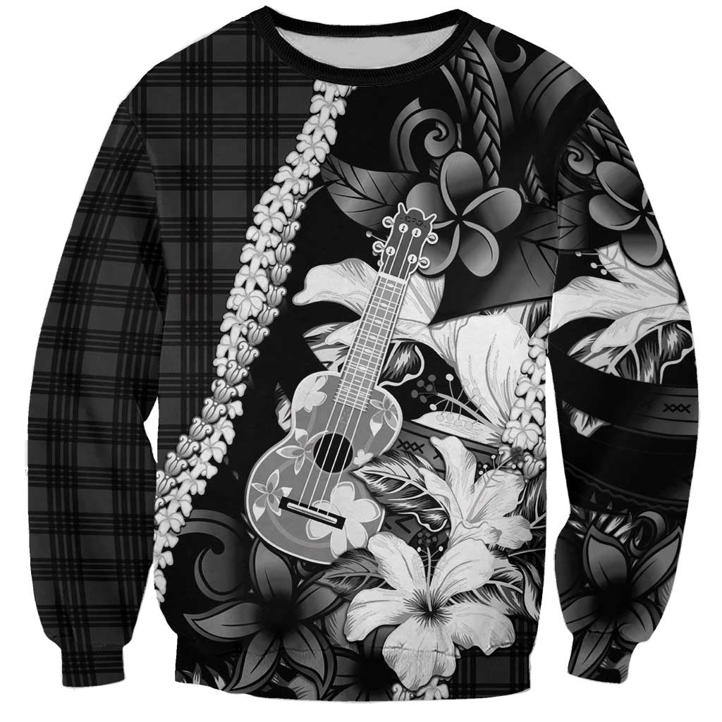 Hawaii Ukulele Sweatshirt Tropical Flowers With Palaka Effect Black Version - Polynesian Pride