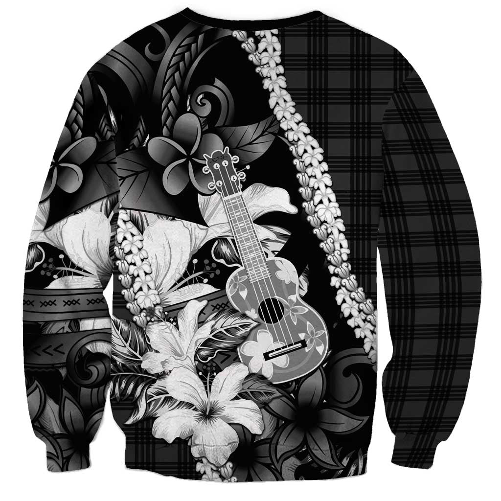 Hawaii Ukulele Sweatshirt Tropical Flowers With Palaka Effect Black Version - Polynesian Pride
