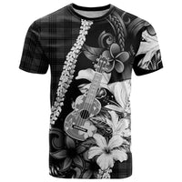 Hawaii Ukulele T Shirt Tropical Flowers With Palaka Effect Black Version - Polynesian Pride