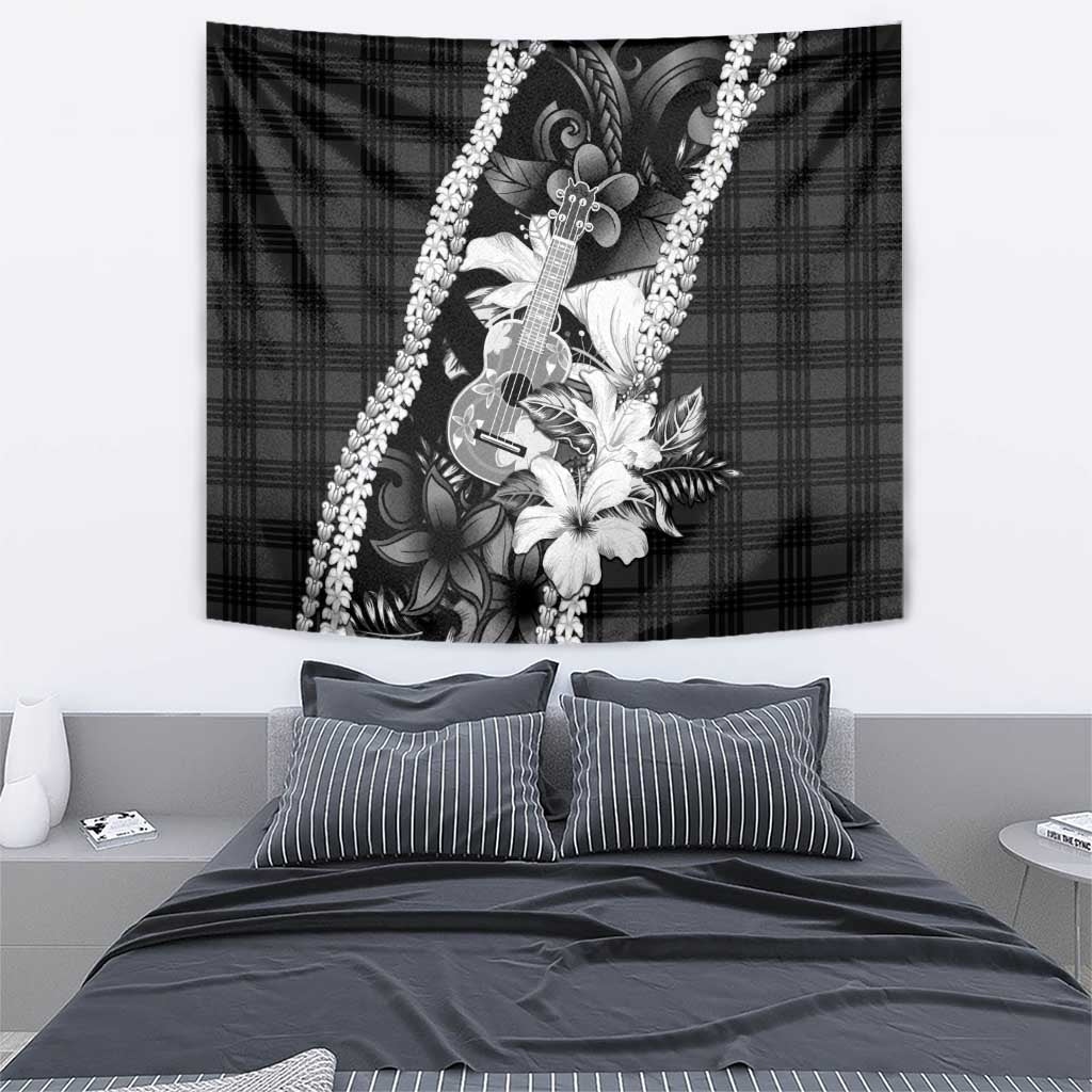 Hawaii Ukulele Tapestry Tropical Flowers With Palaka Effect Black Version LT05 - Polynesian Pride