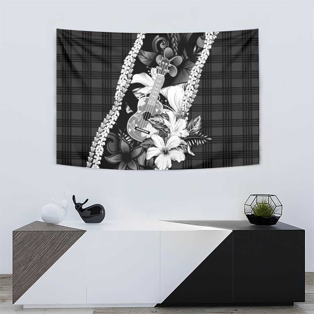 Hawaii Ukulele Tapestry Tropical Flowers With Palaka Effect Black Version LT05 - Polynesian Pride
