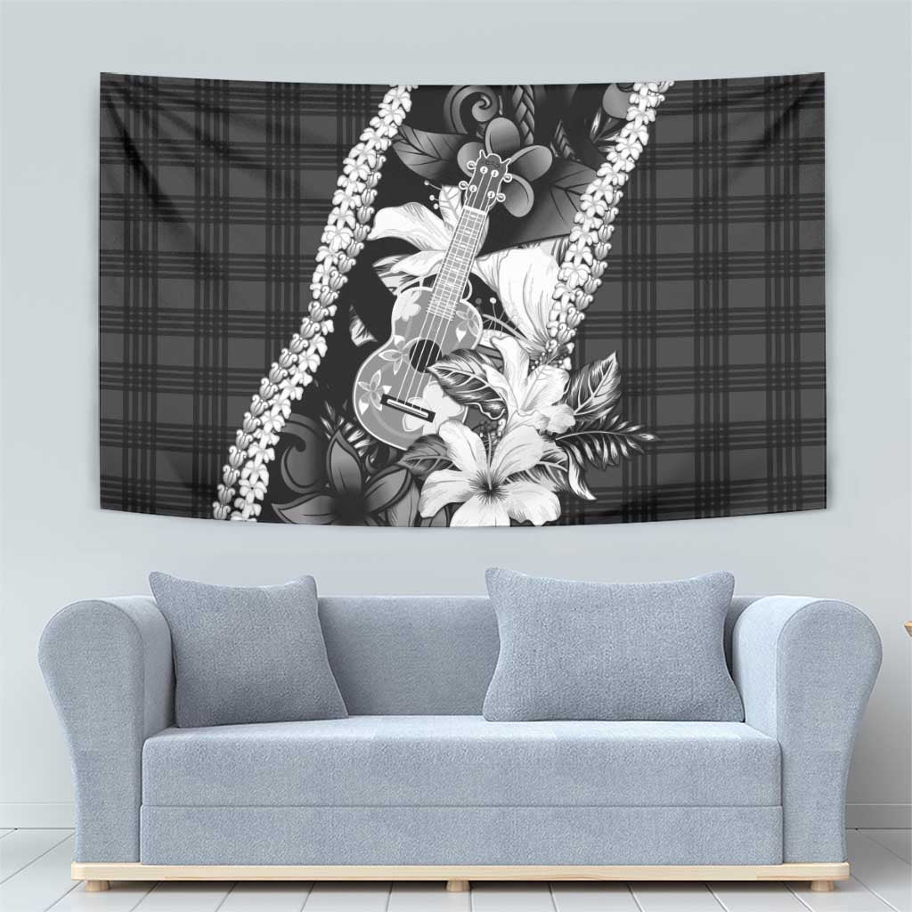 Hawaii Ukulele Tapestry Tropical Flowers With Palaka Effect Black Version LT05 - Polynesian Pride
