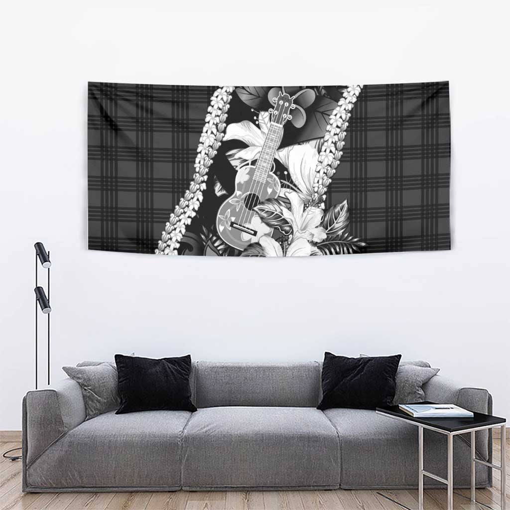 Hawaii Ukulele Tapestry Tropical Flowers With Palaka Effect Black Version LT05 - Polynesian Pride