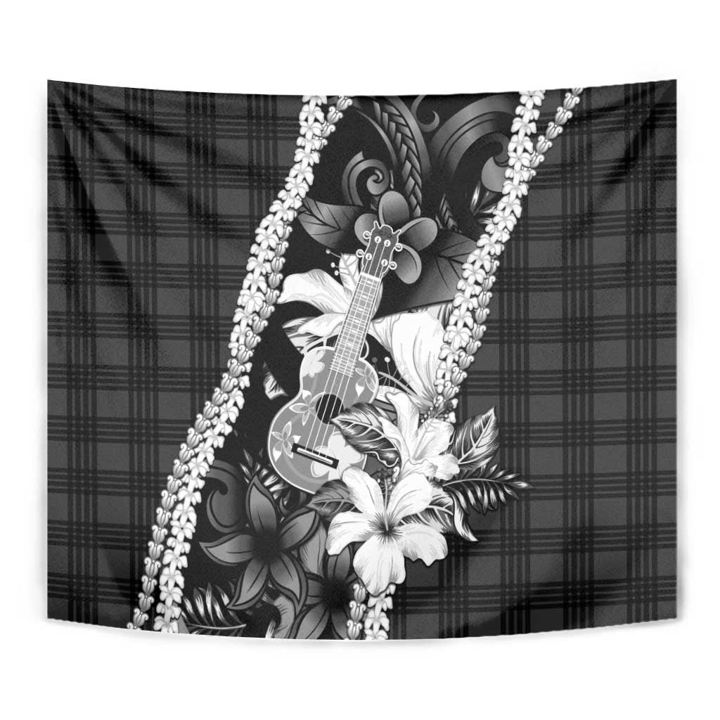 Hawaii Ukulele Tapestry Tropical Flowers With Palaka Effect Black Version LT05 - Polynesian Pride