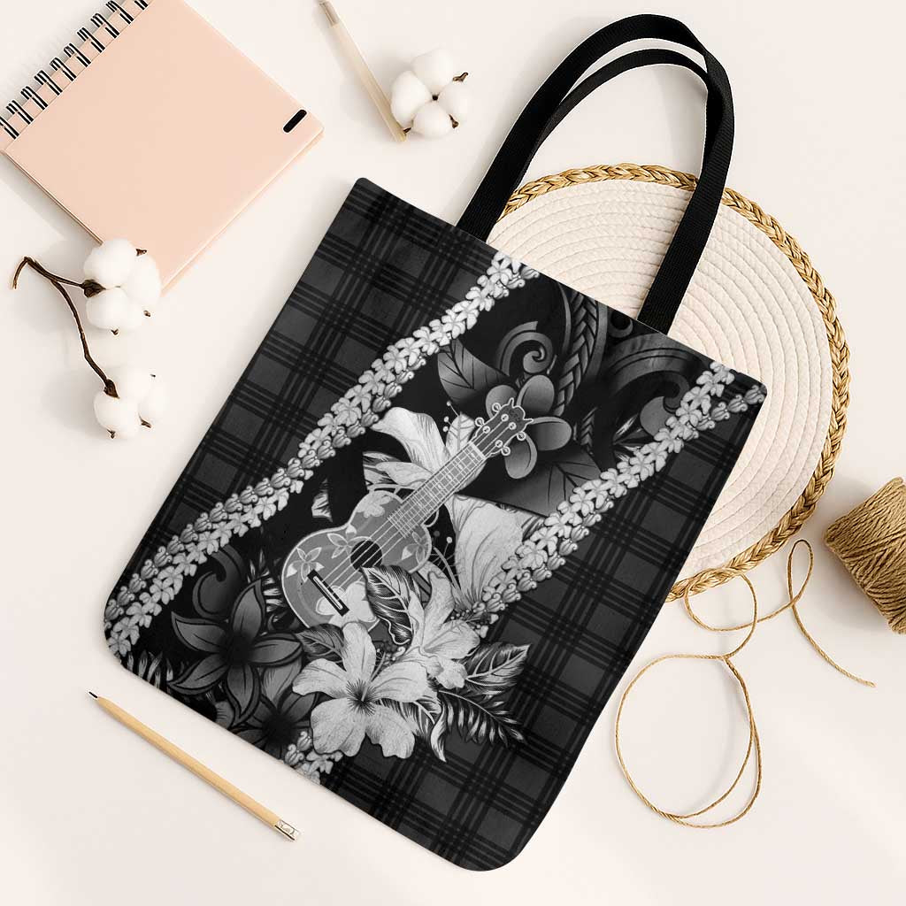 Hawaii Ukulele Tote Bag Tropical Flowers With Palaka Effect Black Version - Polynesian Pride