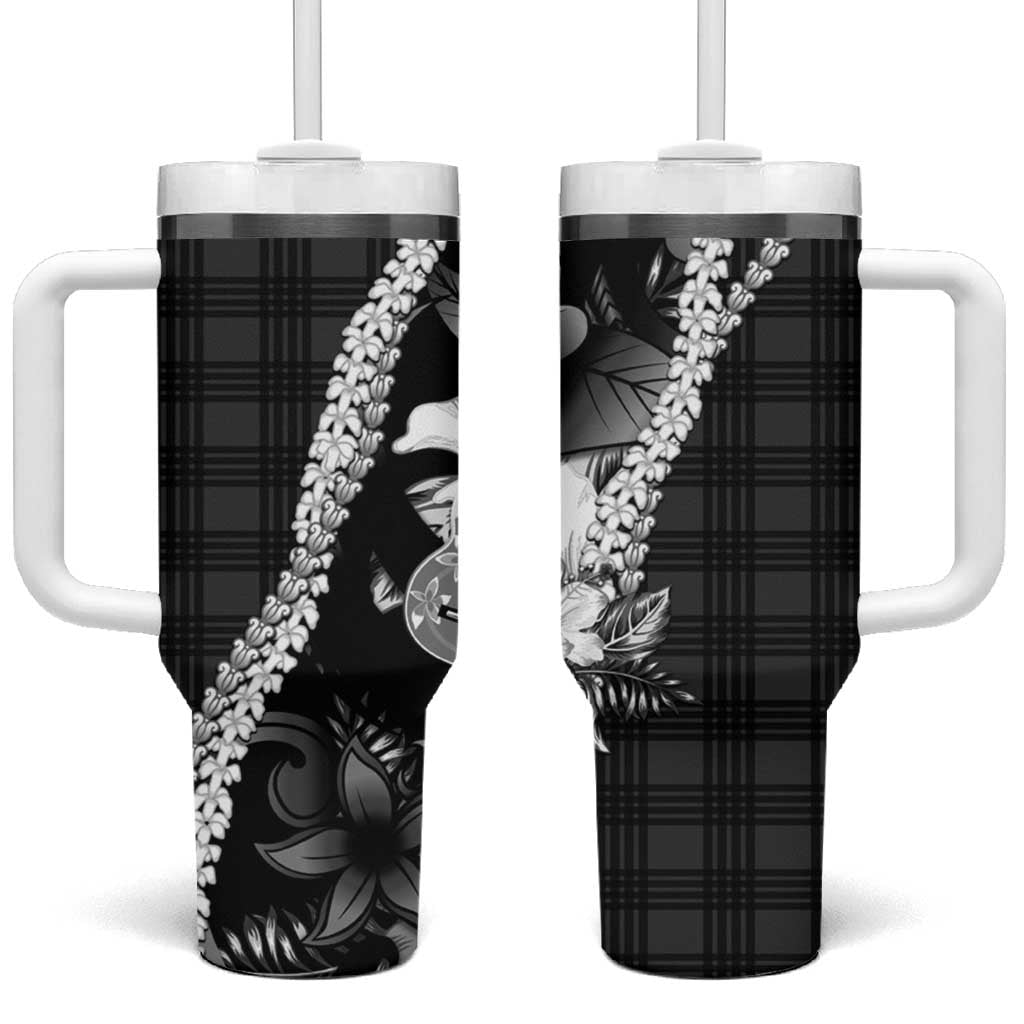Hawaii Ukulele Tumbler With Handle Tropical Flowers With Palaka Effect Black Version LT05 One Size: 40 oz Black - Polynesian Pride