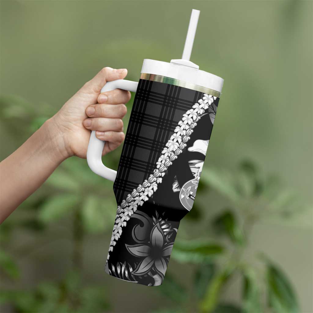 Hawaii Ukulele Tumbler With Handle Tropical Flowers With Palaka Effect Black Version LT05 - Polynesian Pride