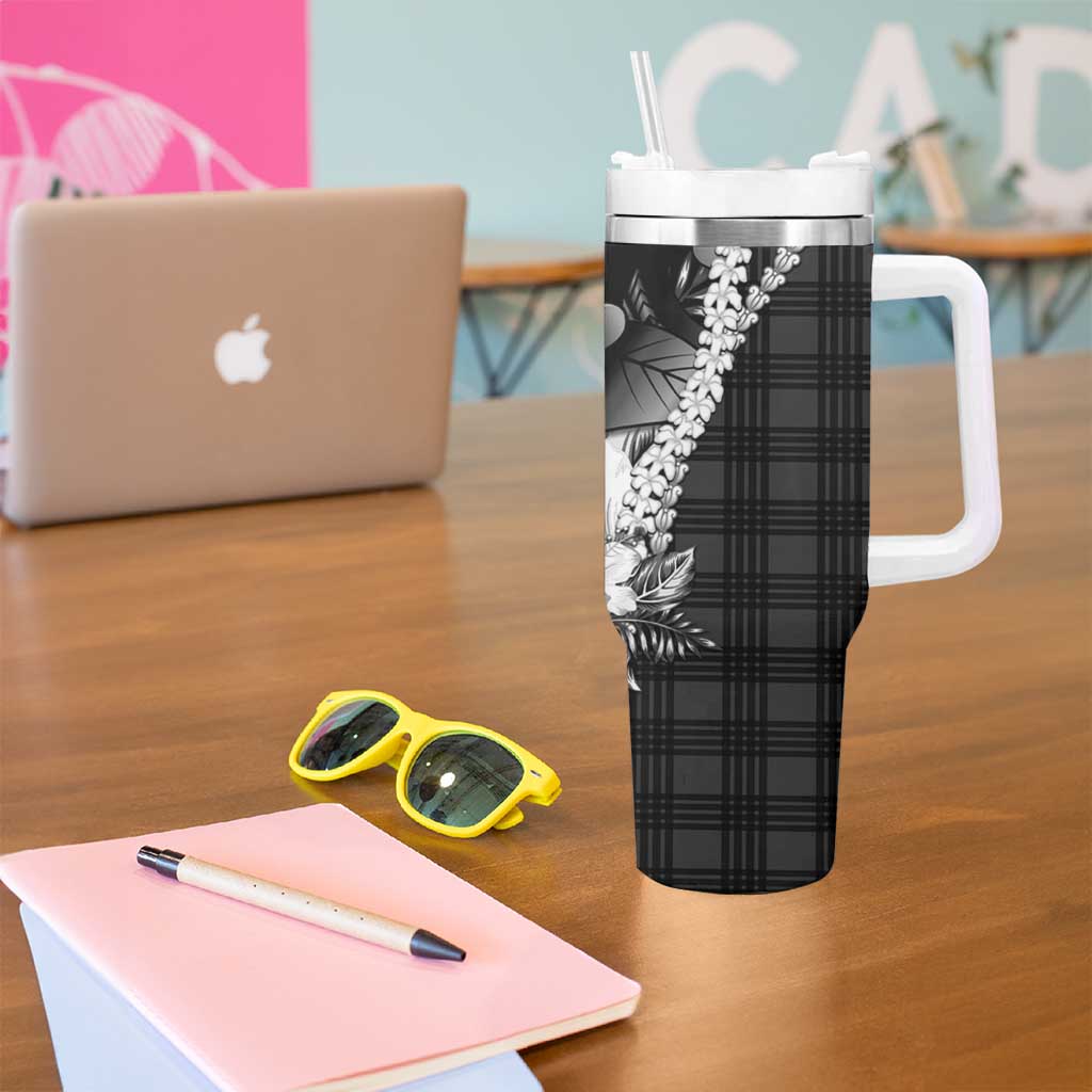 Hawaii Ukulele Tumbler With Handle Tropical Flowers With Palaka Effect Black Version LT05 - Polynesian Pride