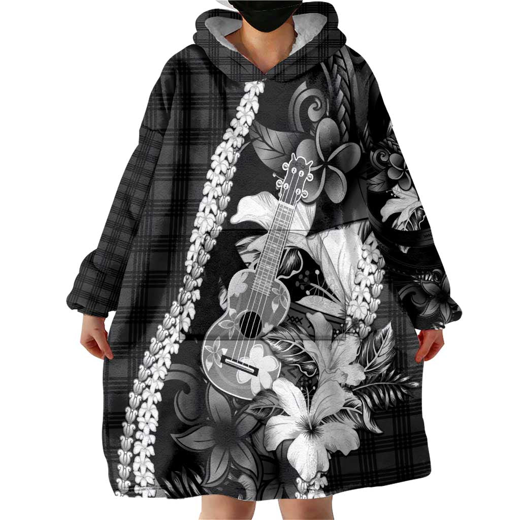 Hawaii Ukulele Wearable Blanket Hoodie Tropical Flowers With Palaka Effect Black Version - Polynesian Pride