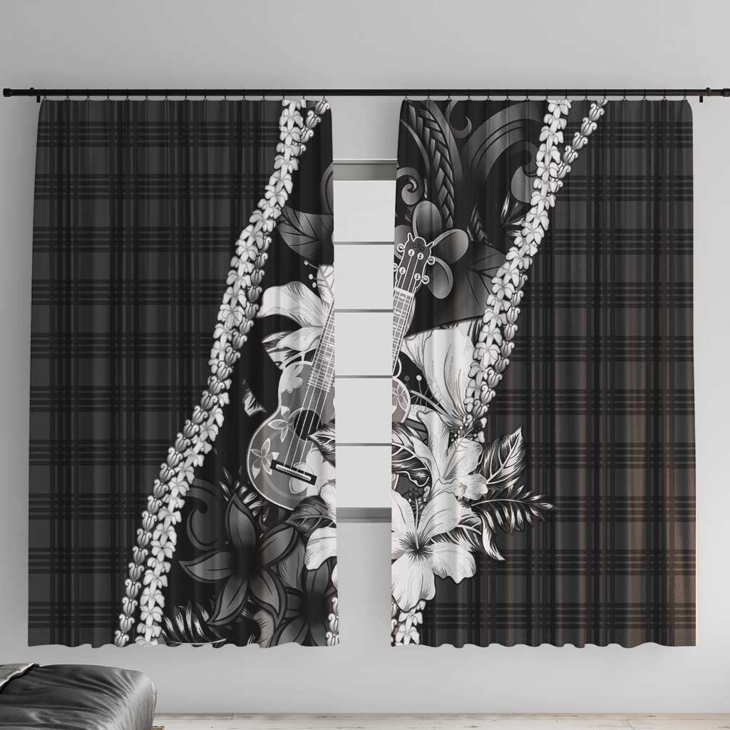 Hawaii Ukulele Window Curtain Tropical Flowers With Palaka Effect Black Version - Polynesian Pride