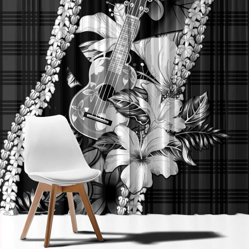 Hawaii Ukulele Window Curtain Tropical Flowers With Palaka Effect Black Version - Polynesian Pride