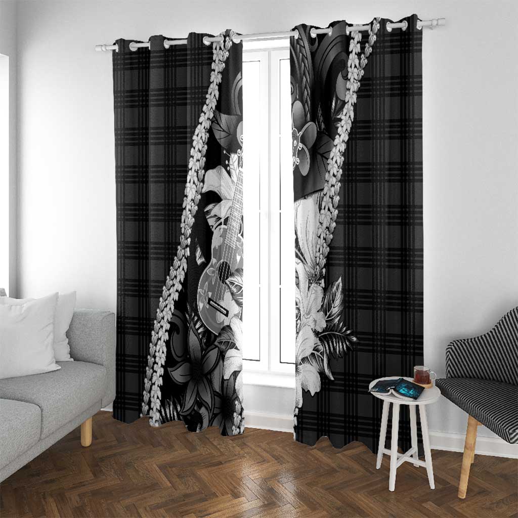 Hawaii Ukulele Window Curtain Tropical Flowers With Palaka Effect Black Version - Polynesian Pride
