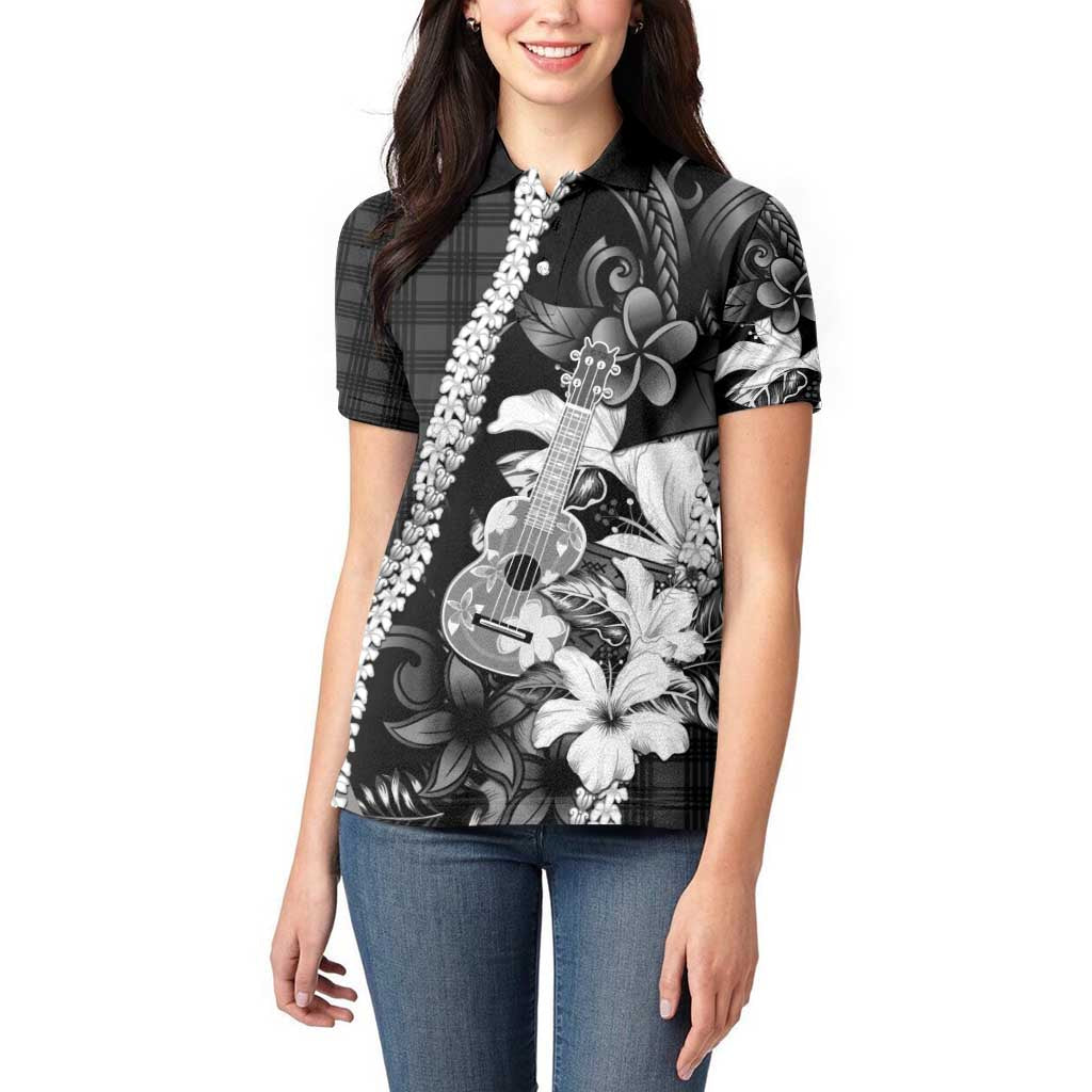Hawaii Ukulele Women Polo Shirt Tropical Flowers With Palaka Effect Black Version - Polynesian Pride