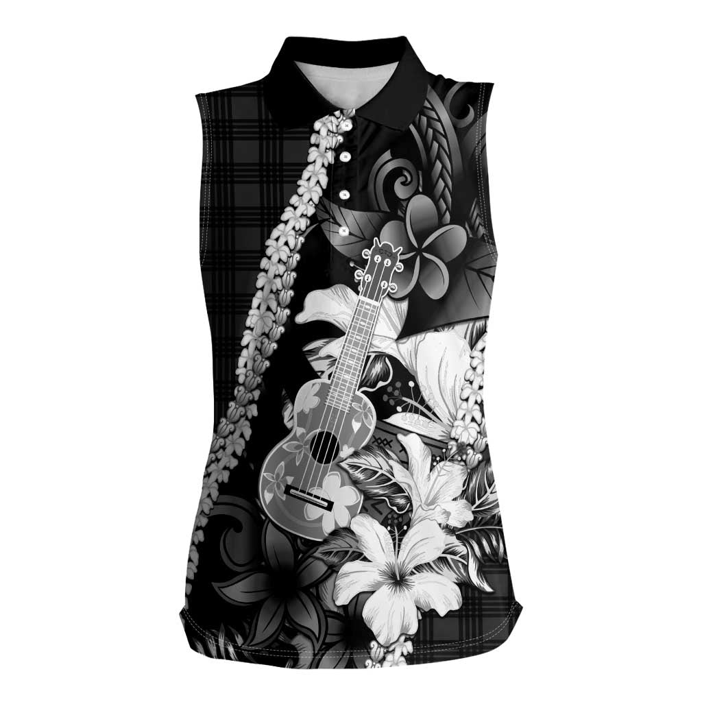 Hawaii Ukulele Women Sleeveless Polo Shirt Tropical Flowers With Palaka Effect Black Version - Polynesian Pride