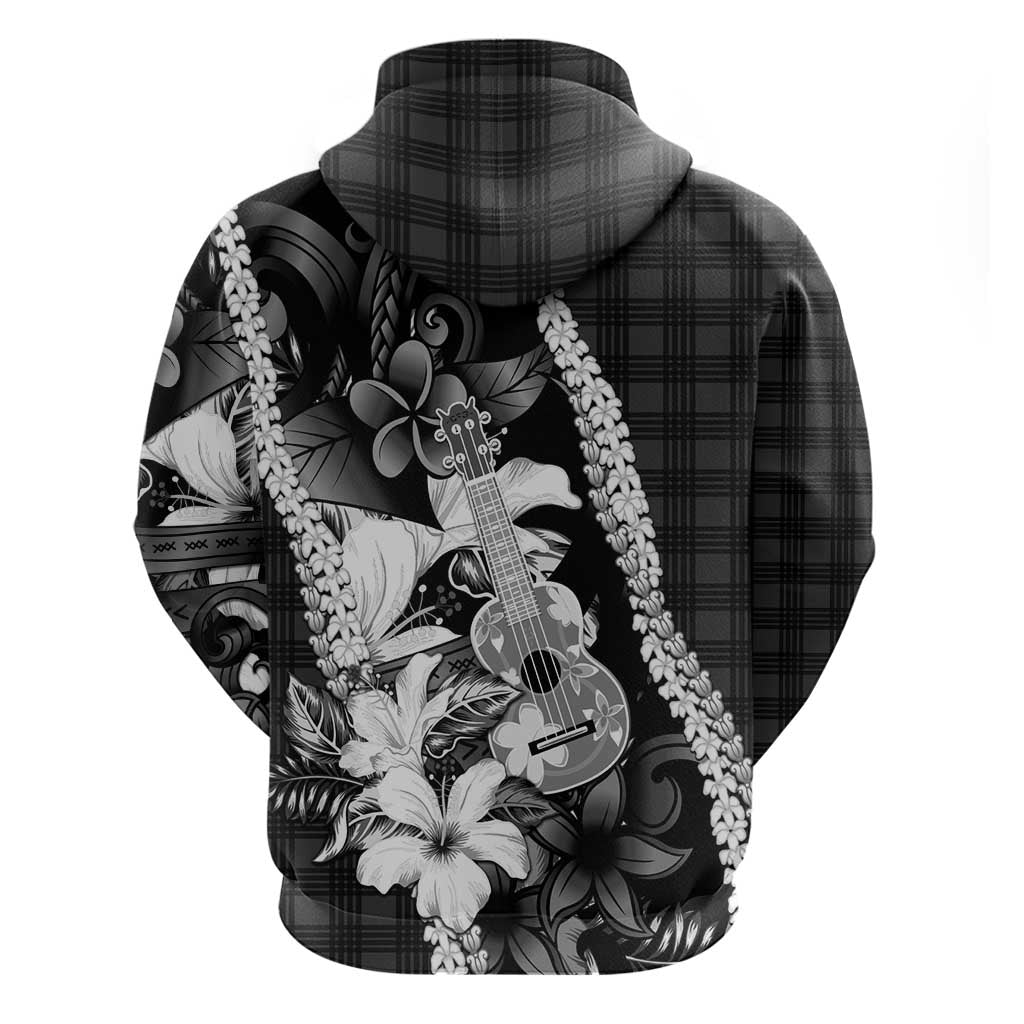 Hawaii Ukulele Zip Hoodie Tropical Flowers With Palaka Effect Black Version - Polynesian Pride