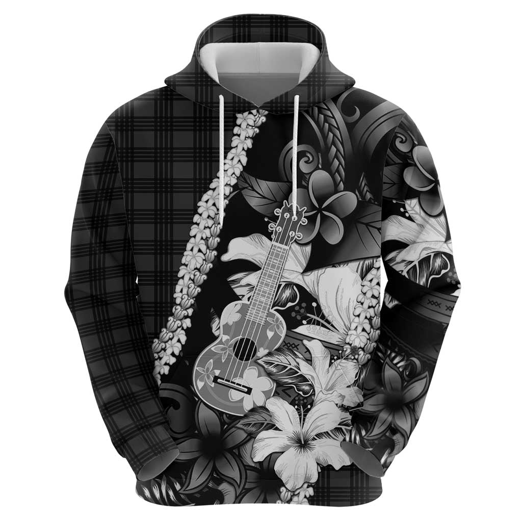Hawaii Ukulele Zip Hoodie Tropical Flowers With Palaka Effect Black Version - Polynesian Pride