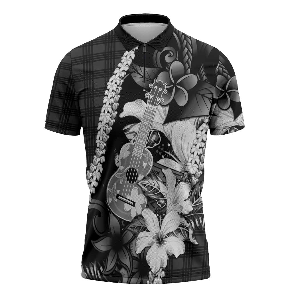 Hawaii Ukulele Zipper Polo Shirt Tropical Flowers With Palaka Effect Black Version - Polynesian Pride